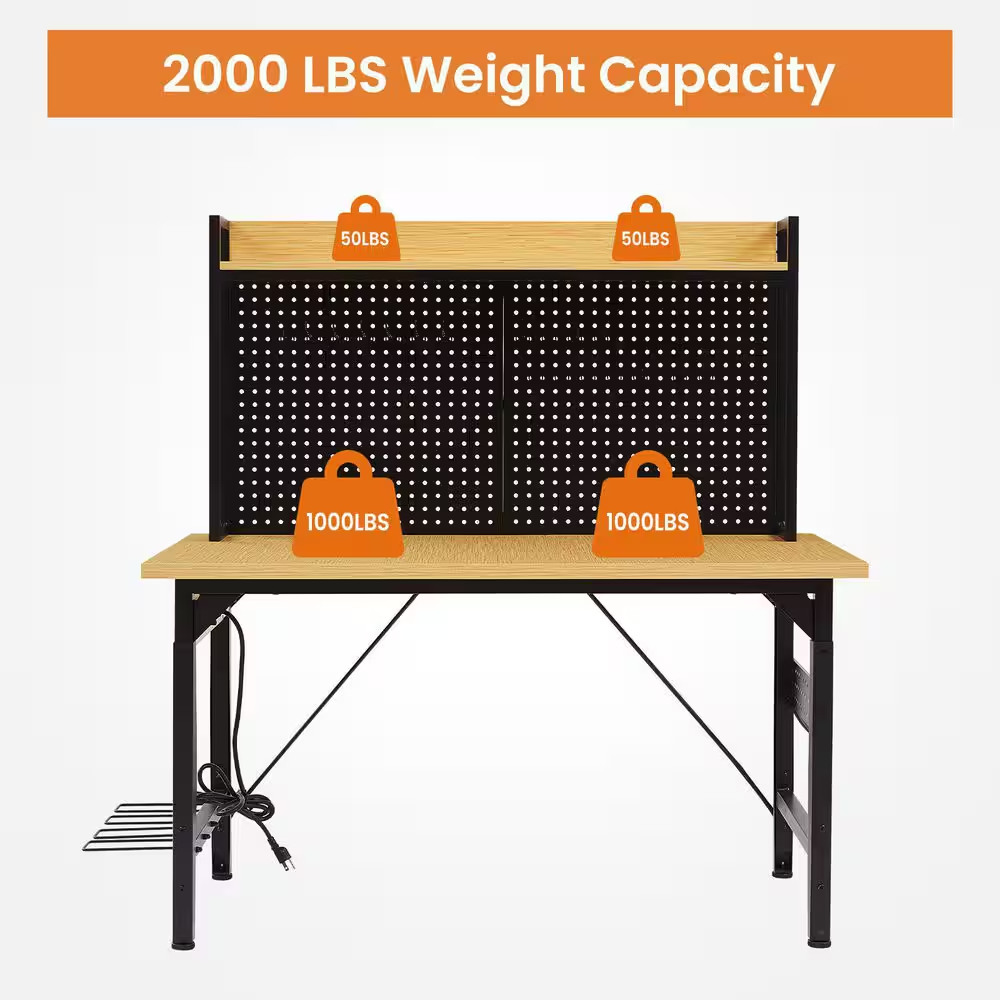 48 In. Adjustable Workbench with Pegboard, Heavy Duty Wooden Desktop Workbench with Wheels, 1600 Lb. Load Capacity