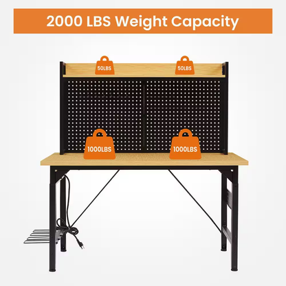 48 In. Adjustable Workbench with Pegboard, Heavy Duty Wooden Desktop Workbench with Wheels, 1600 Lb. Load Capacity