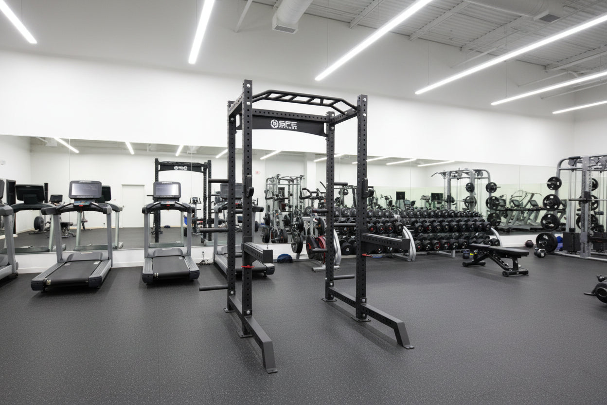 Commercial Squat Rack w/ Safety Bars, J-Hooks & Weight Storage (New)