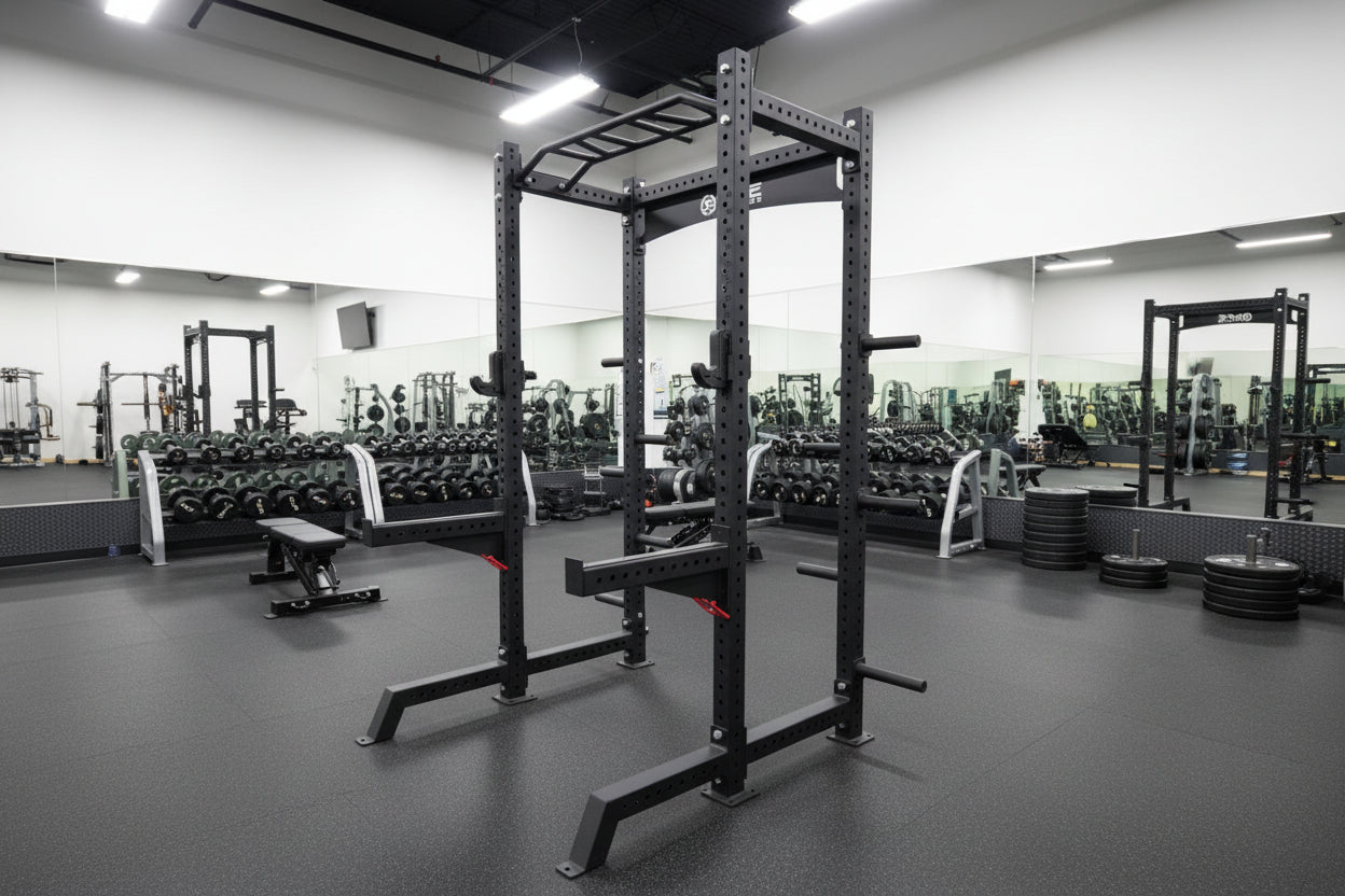 Commercial Squat Rack w/ Safety Bars, J-Hooks & Weight Storage (New)
