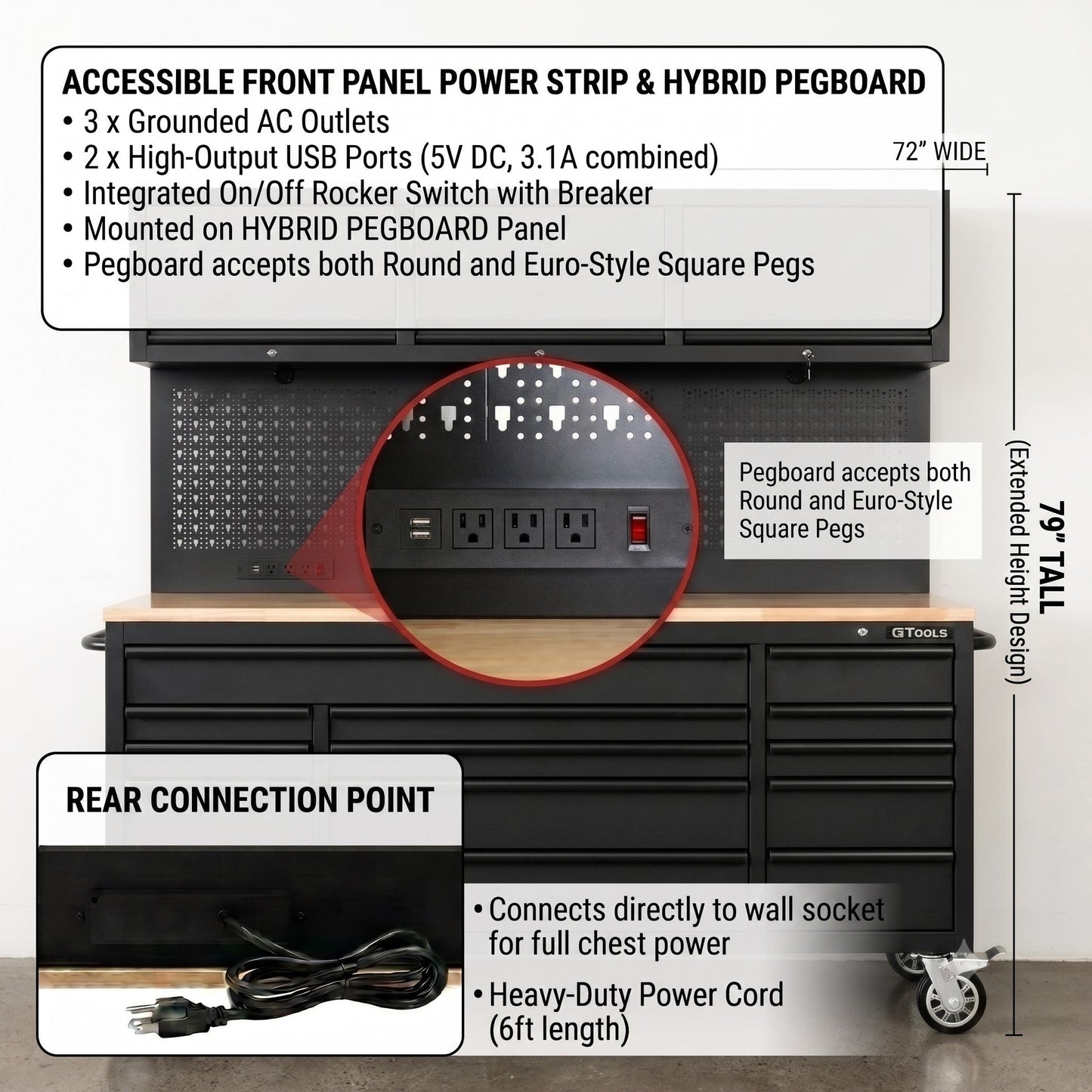 Overhead Pro 72" Rolling Tool Chest | 79" Tall | 24" Deep | 14 Drawers | Overheads | Pegboard & Power Strip