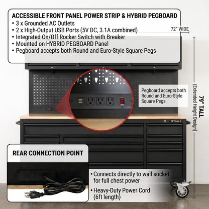 Overhead Pro 72" Rolling Tool Chest | 79" Tall | 24" Deep | 14 Drawers | Overheads | Pegboard & Power Strip
