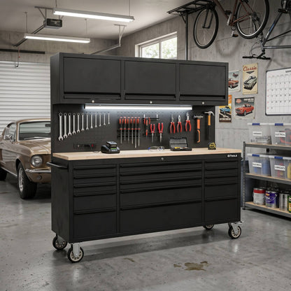 72 inch Rolling Tool Chest with Light & Power Strips, Workbench, Upper Cabinets & Pegboard