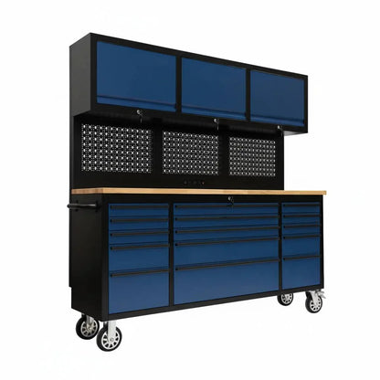 72 inch Rolling Tool Chest with Light & Power Strips, Workbench, Upper Cabinets & Pegboard