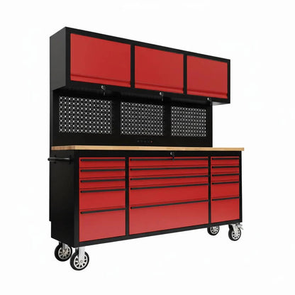 72 inch Rolling Tool Chest with Light & Power Strips, Workbench, Upper Cabinets & Pegboard