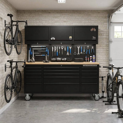 72 inch Rolling Tool Chest with Light & Power Strips, Workbench, Upper Cabinets & Pegboard