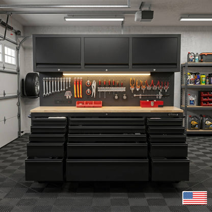 72 inch Rolling Tool Chest with Light & Power Strips, Workbench, Upper Cabinets & Pegboard