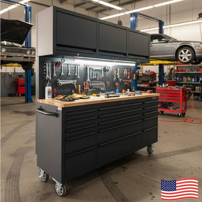 72 inch Rolling Tool Chest with Light & Power Strips, Workbench, Upper Cabinets & Pegboard